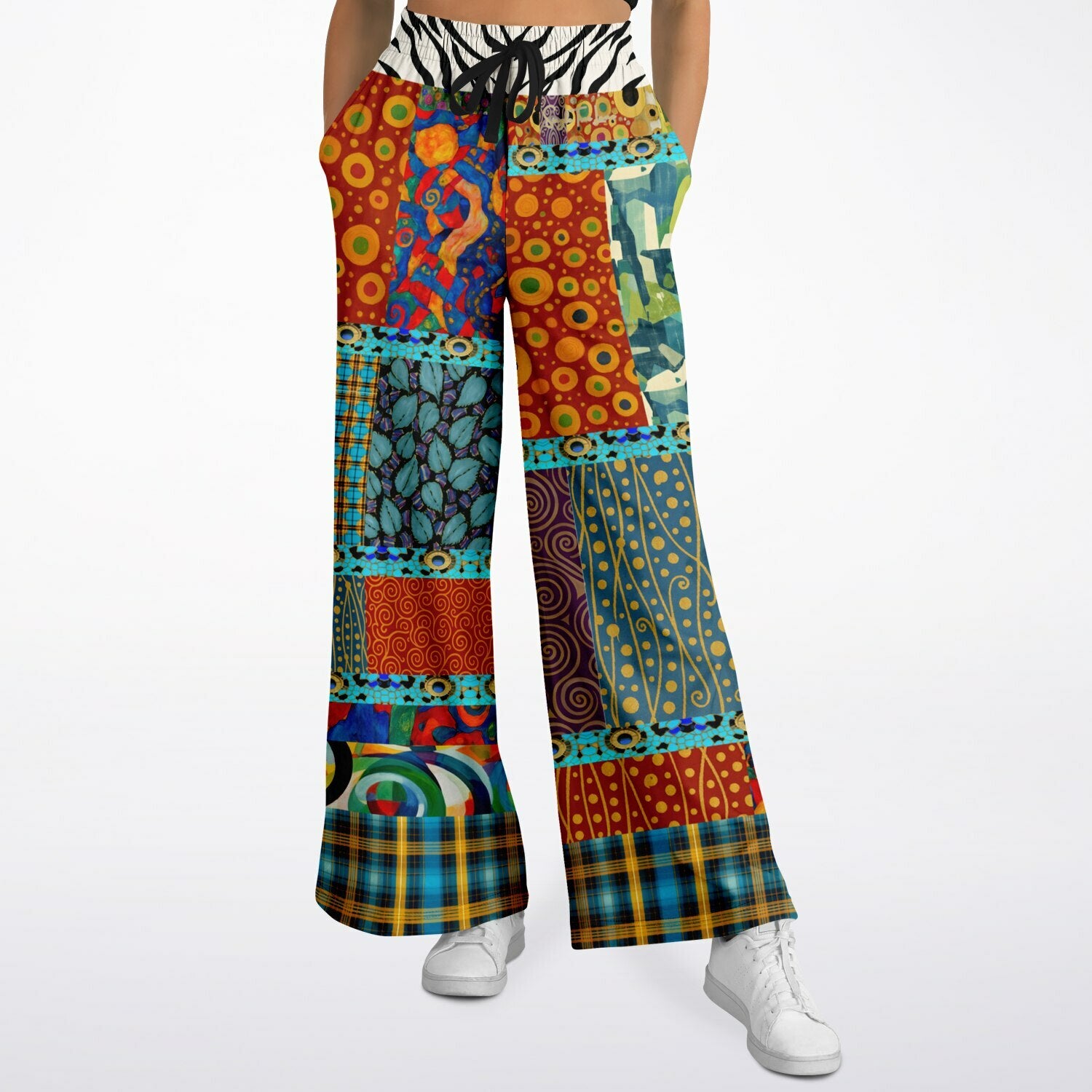 Give Me a Kiss Art Deco Patchwork Print Eco-Poly Wide Leg Pants