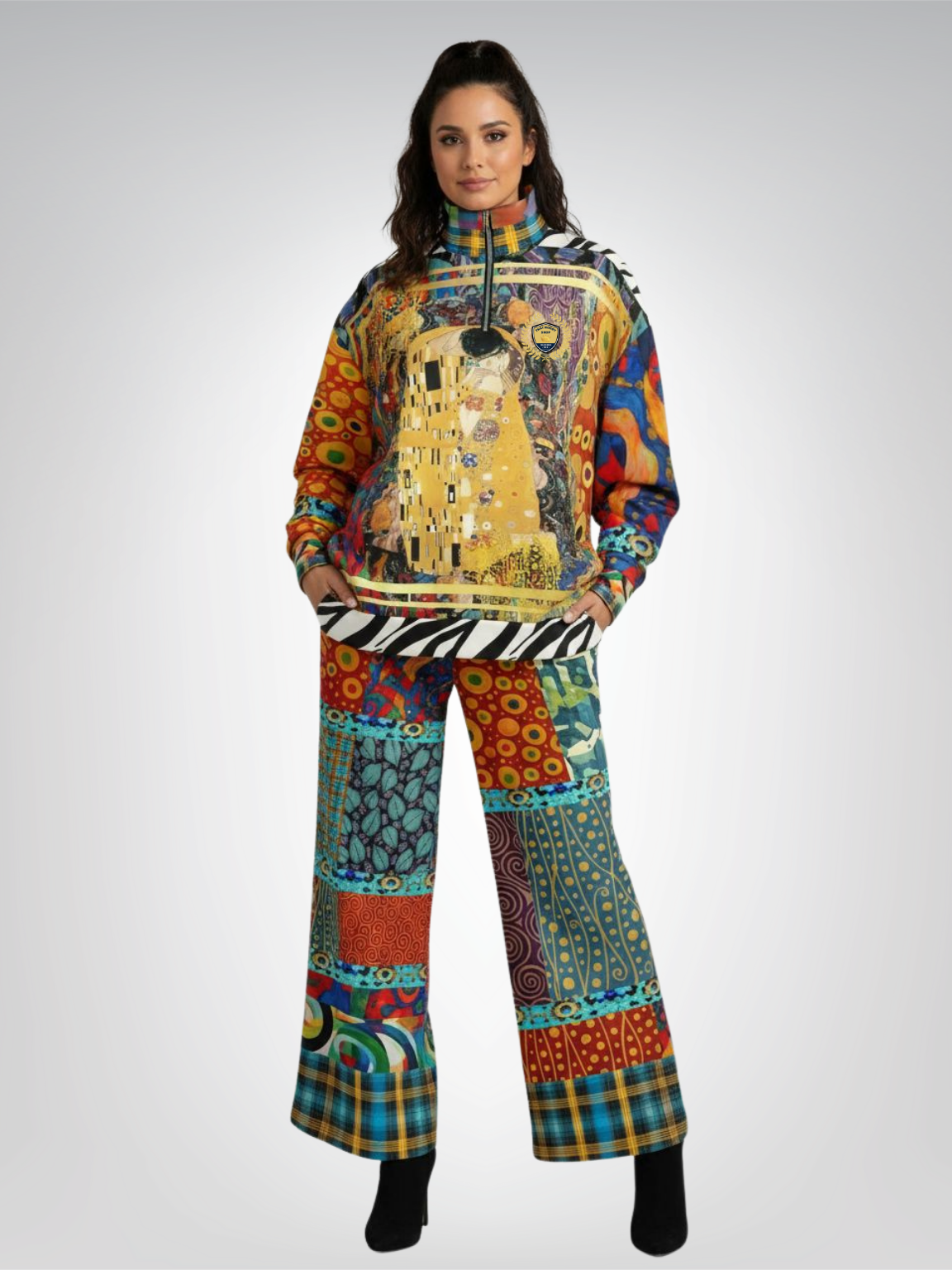 Give Me a Kiss Art Deco Patchwork Print Eco-Poly Wide Leg Pants