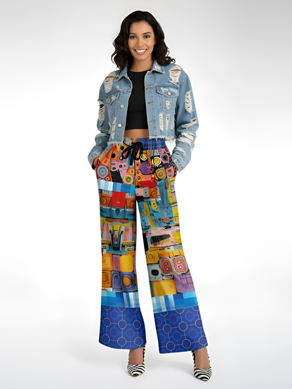 Open Window in Provence Graffiti Print Patchwork Eco-Poly Wide Leg Pants