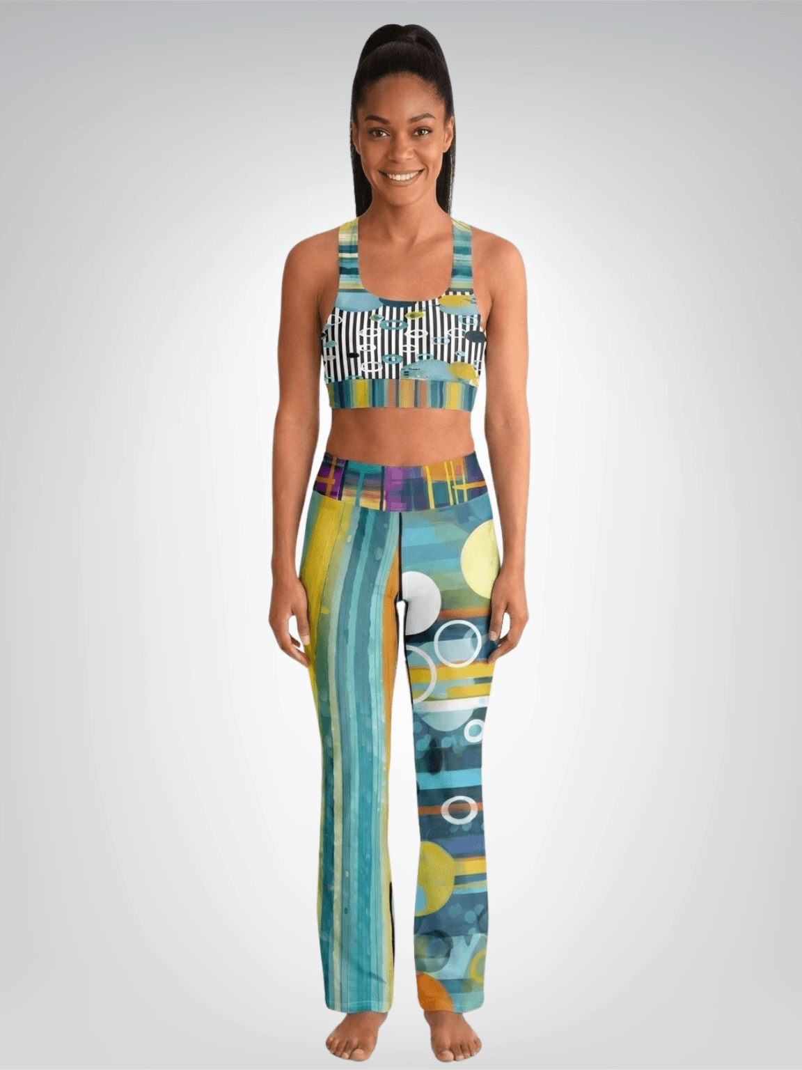 Greek Isles Blue Geometric Stripe Duo Flare Leggings