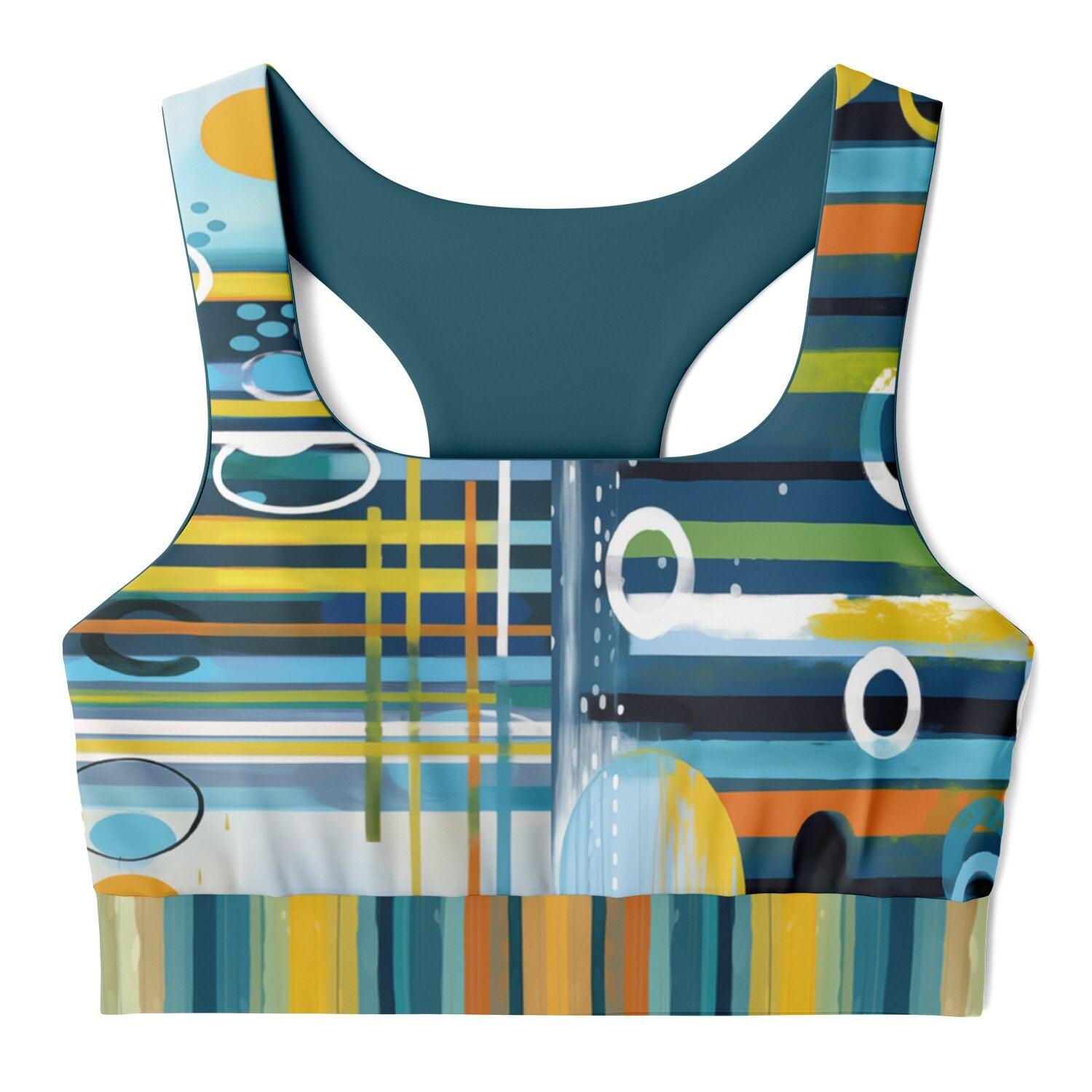 Greek Isles Blue Abstract Geometric Stripe Padded Sports Bra