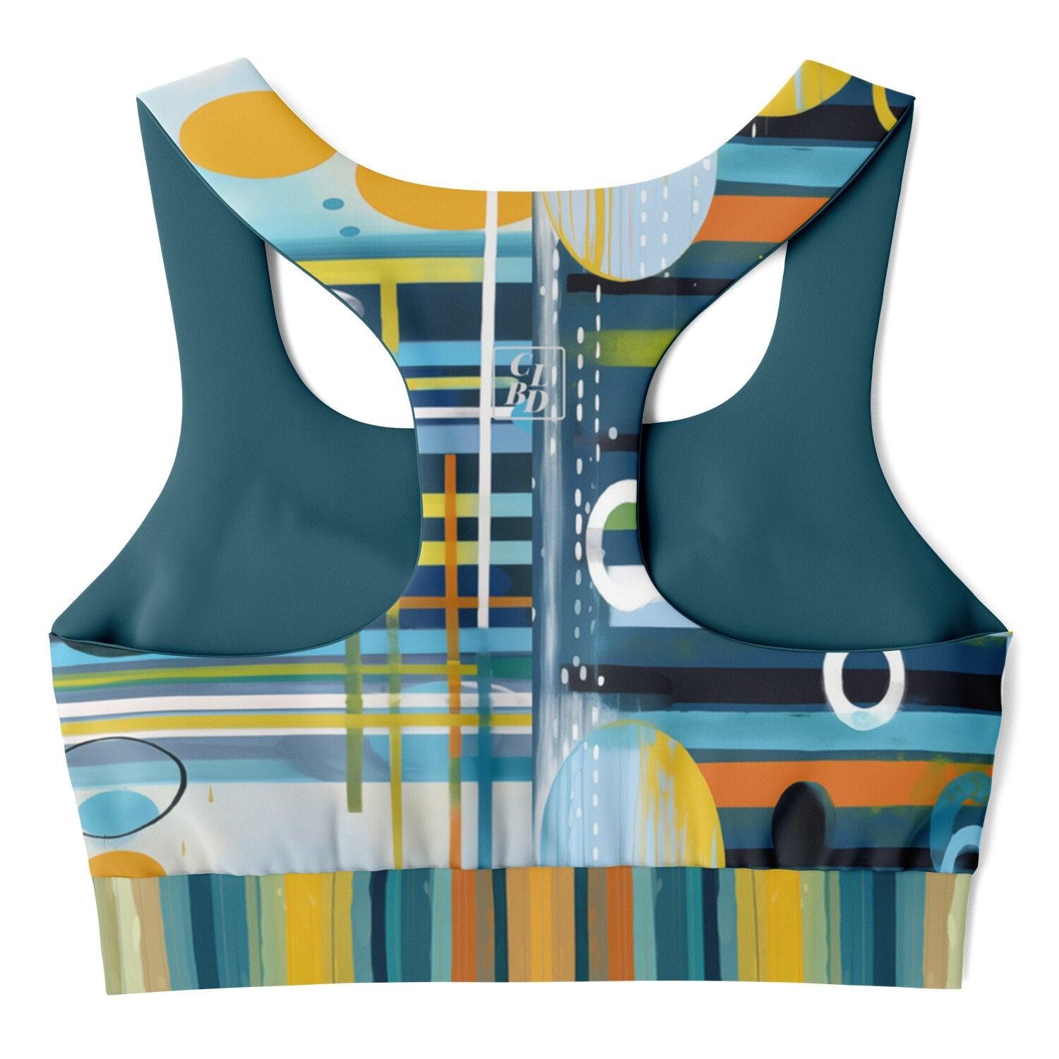 Greek Isles Blue Abstract Geometric Stripe Padded Sports Bra