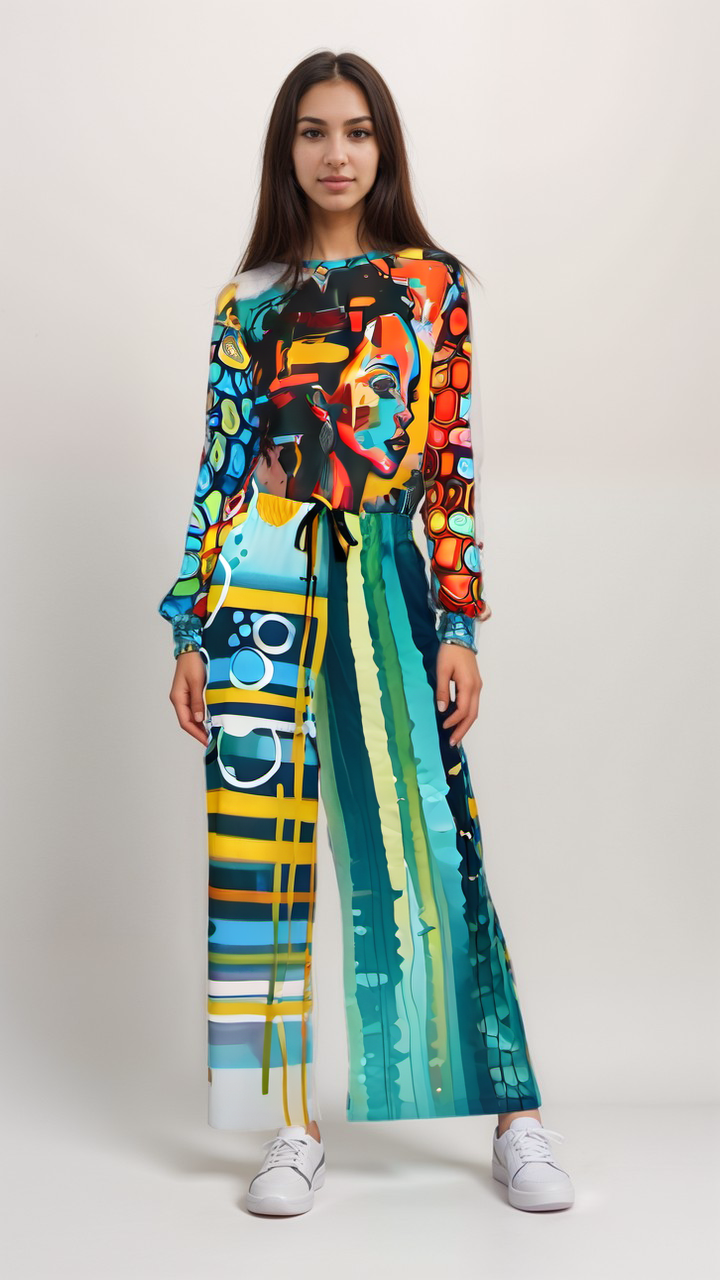 Greek Isles Blue Geometric Eco-Poly Wide Leg Pants