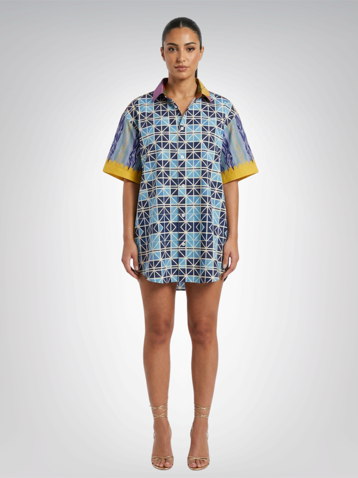 Greek Orthodox Tile in Blue Short Sleeve Button Down Shirt