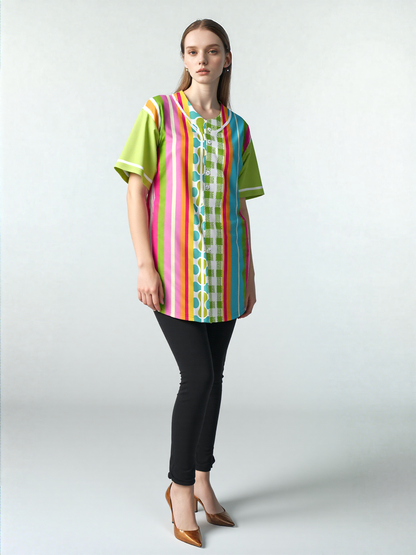 Green Anjou Pear Striped Patchwork Short Sleeve Eco-Poly Baseball Jersey