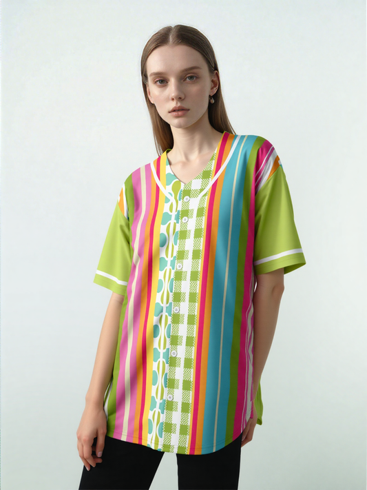 Green Anjou Pear Striped Patchwork Short Sleeve Eco-Poly Baseball Jersey