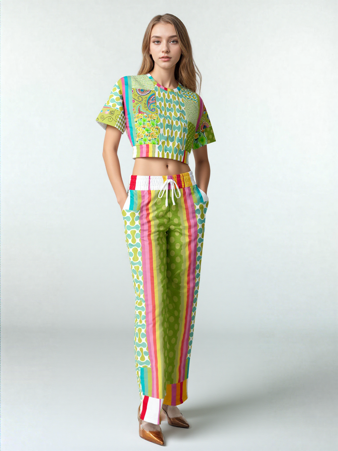 Green Anjou Pear Hobo Patchwork Eco-Poly Wide Leg Pants