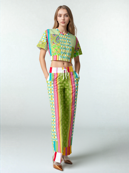 Green Anjou Pear Hobo Patchwork Eco-Poly Wide Leg Pants