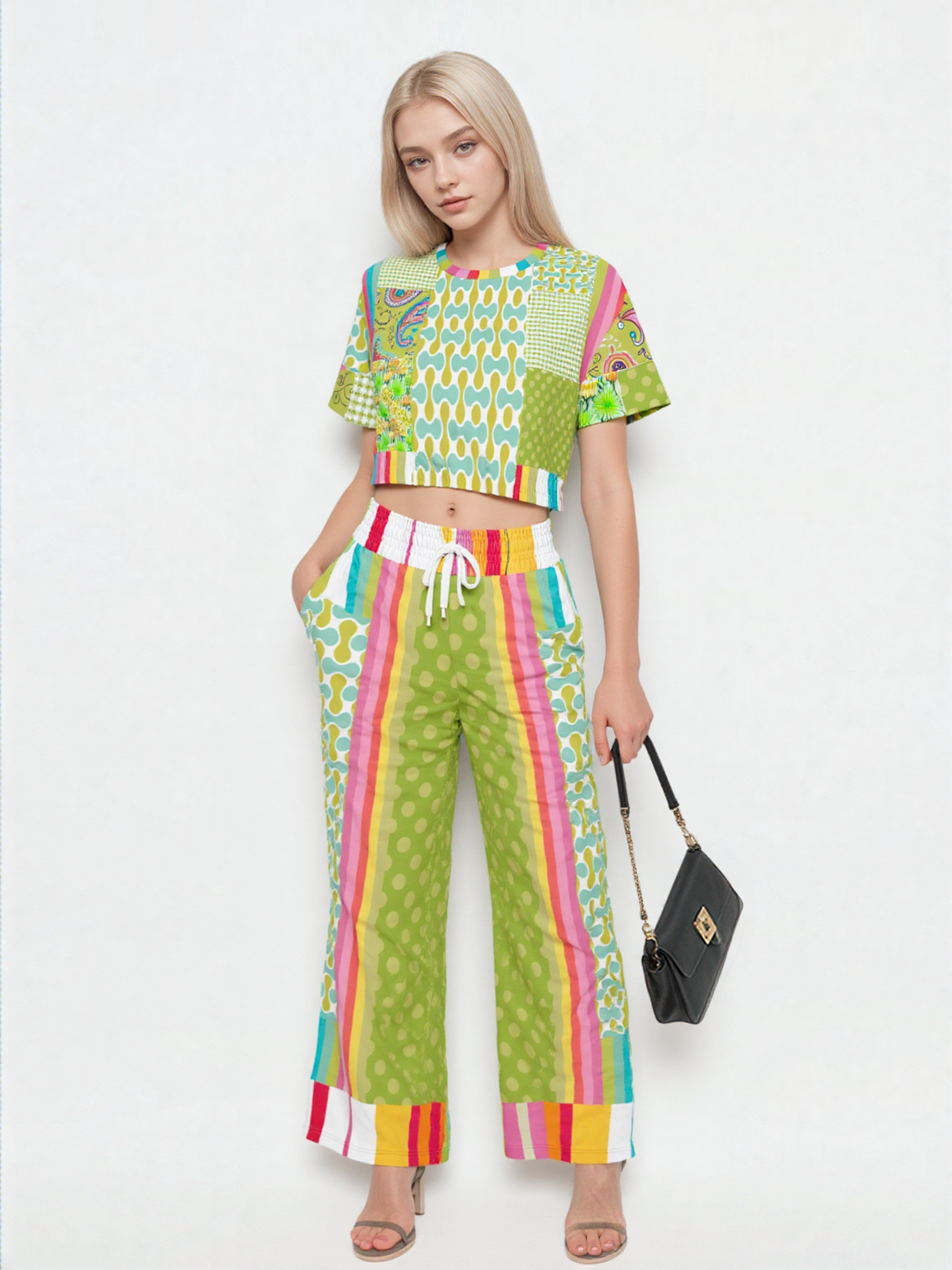 Green Anjou Pear Hobo Patchwork Eco-Poly Wide Leg Pants