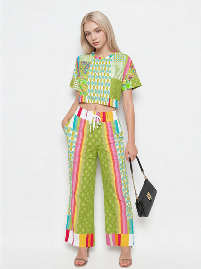 Green Anjou Pear Hobo Patchwork Eco-Poly Wide Leg Pants