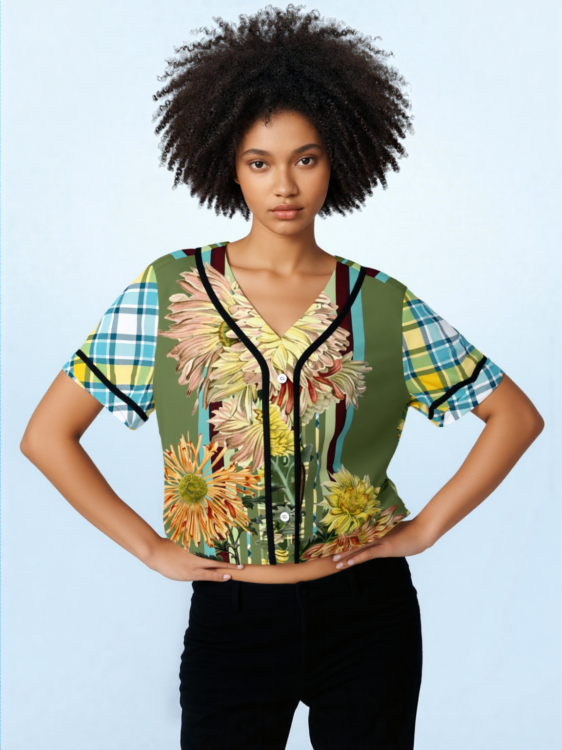 Green Caravan Striped Floral Plaid Eco-Poly Cropped Jersey