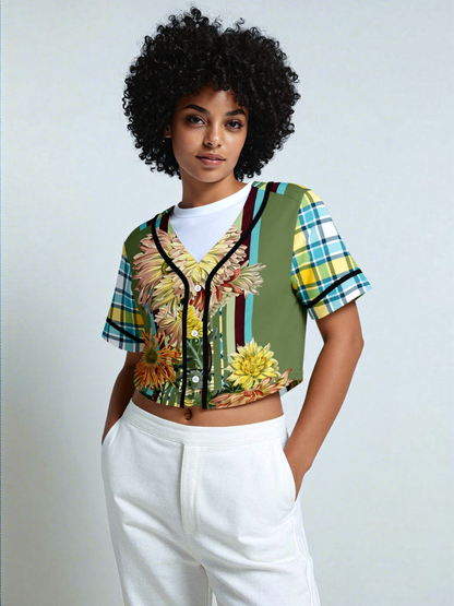 Green Caravan Striped Floral Plaid Eco-Poly Cropped Jersey