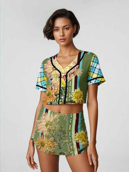 Green Caravan Striped Floral Plaid Eco-Poly Cropped Jersey