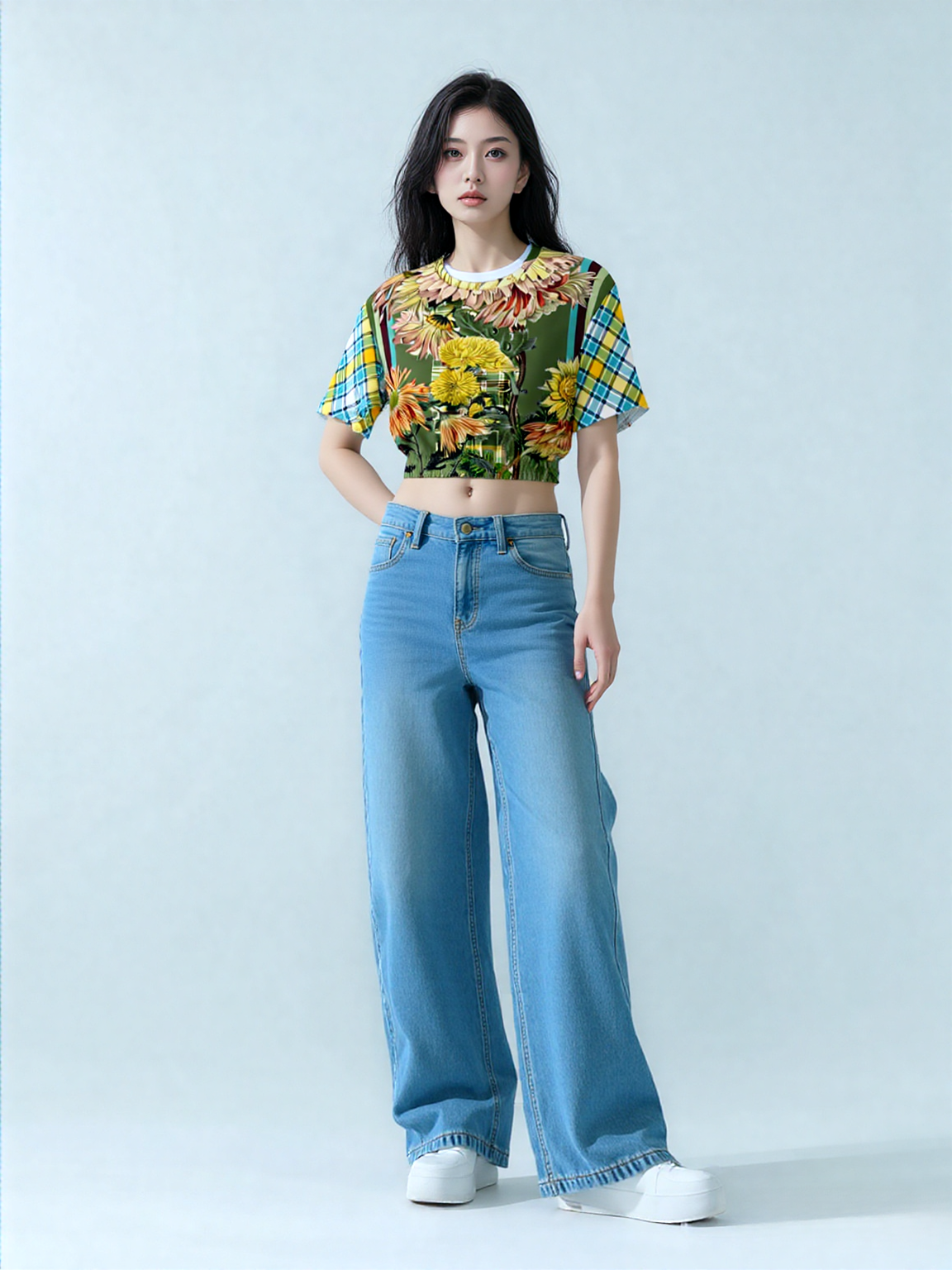 Green Caravan Plaid Eco-Poly Short Sleeve Cropped Pullover