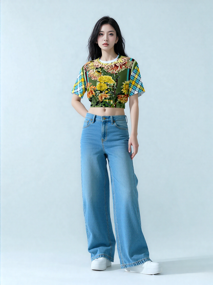 Green Caravan Plaid Eco-Poly Short Sleeve Cropped Pullover