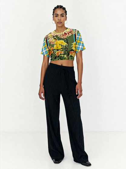 Green Caravan Plaid Eco-Poly Short Sleeve Cropped Pullover