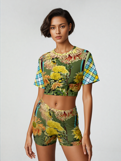 Green Caravan Plaid Eco-Poly Short Sleeve Cropped Pullover