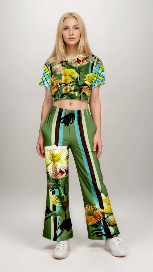 Green Caravan Striped Floral Eco-Poly Wide Leg Pants