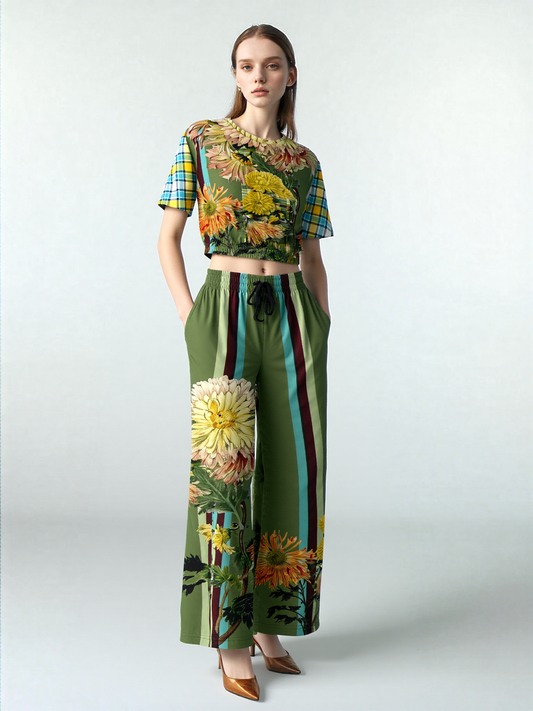Green Caravan Striped Floral Eco-Poly Wide Leg Pants