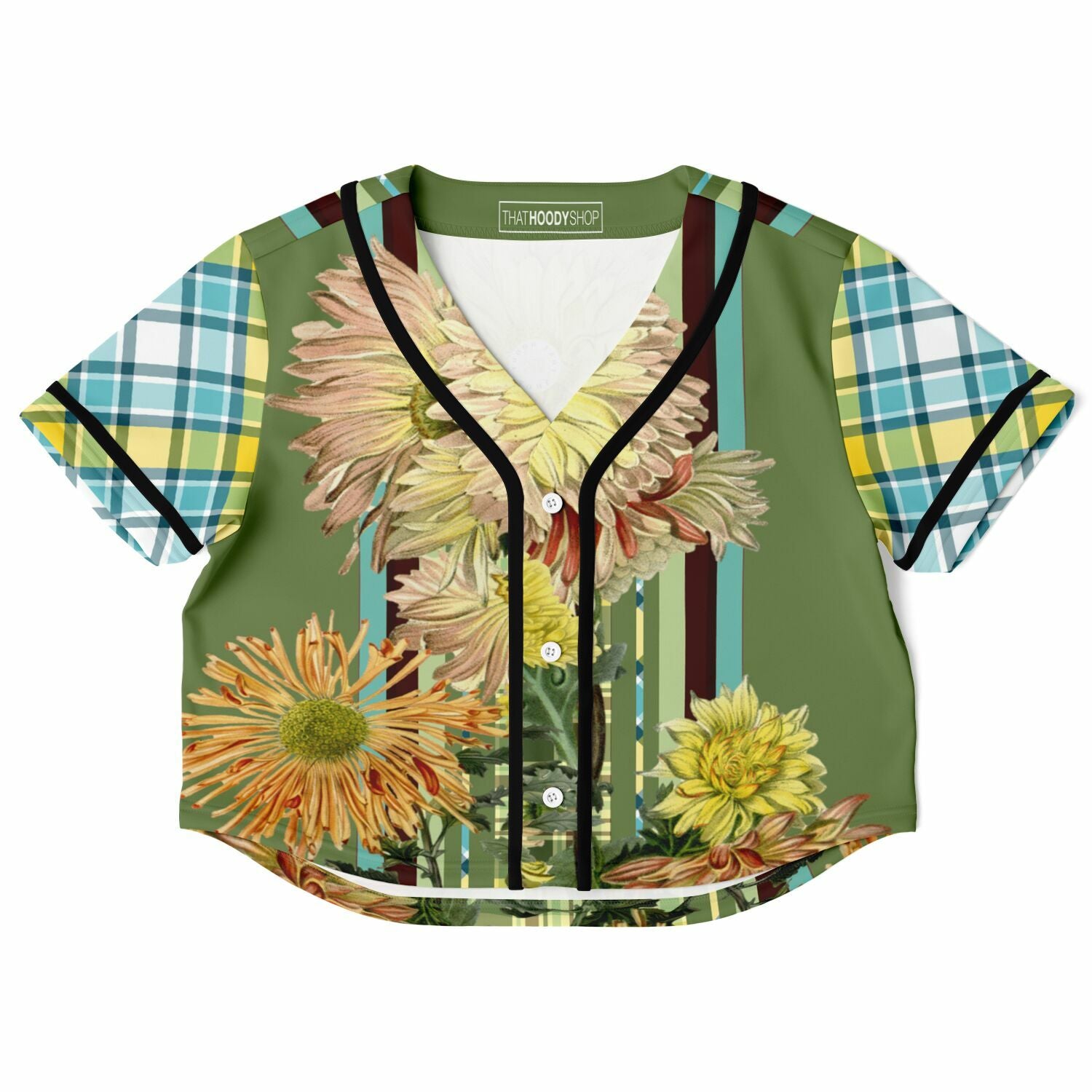 Green Caravan Striped Floral Plaid Eco-Poly Cropped Jersey