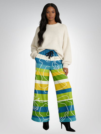 Green Earth Rugby Stripe in Abstract Lines Eco-Poly Wide Leg Pants