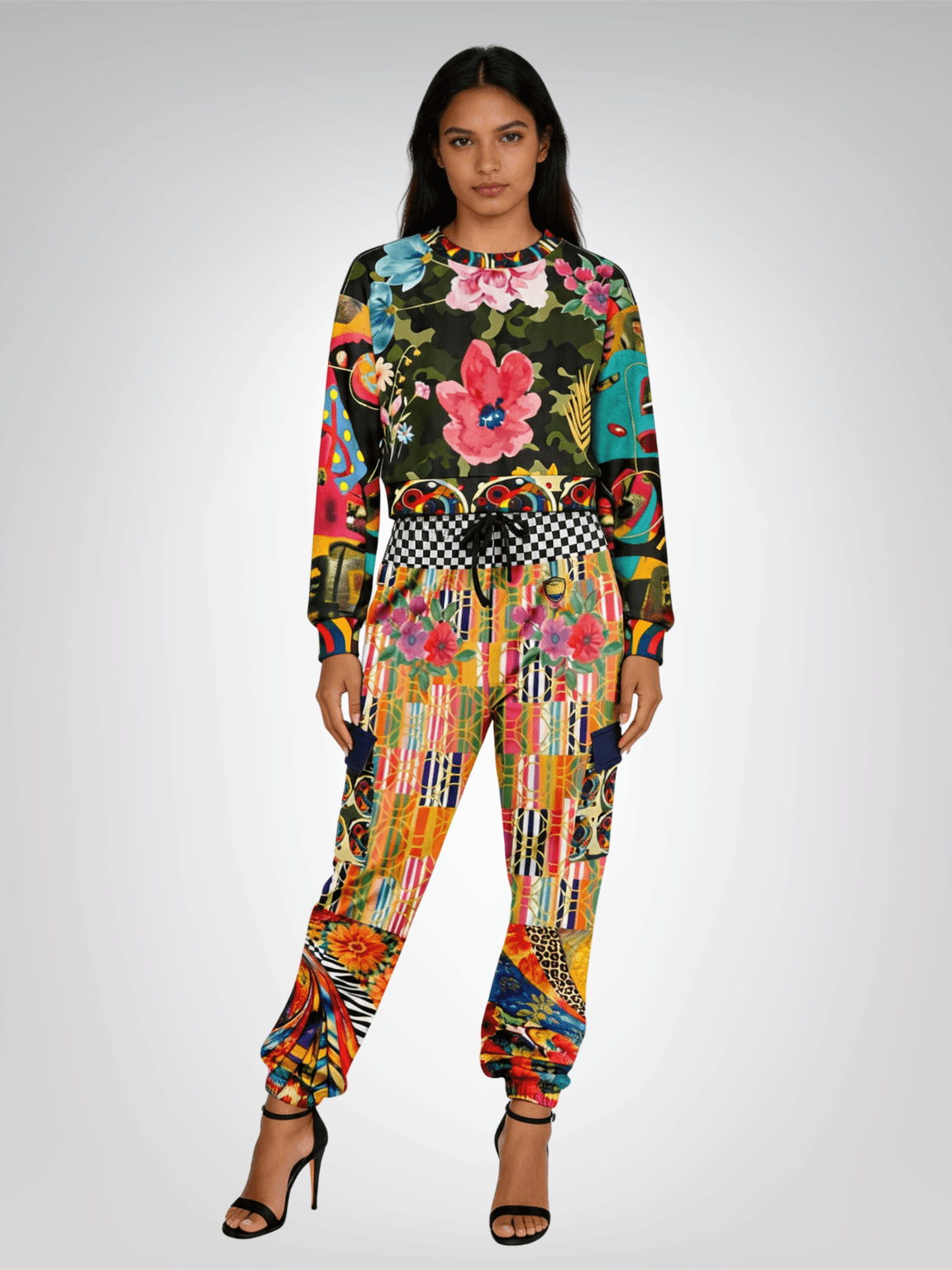 Orange Offset Stripe Floral Eco-Poly Cargo Joggers