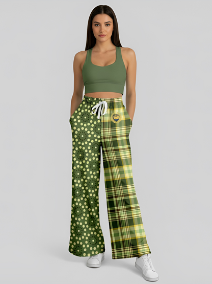 Brook with Aloes in Green Circles and Plaid Eco-Poly Wide Leg Pants
