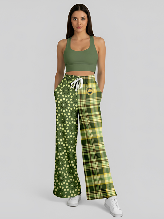 Brook with Aloes in Green Circles and Plaid Eco-Poly Wide Leg Pants