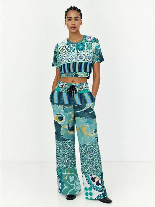 Green Meknes Mosaic Tile Eco-Poly Short Sleeve Cropped Pullover