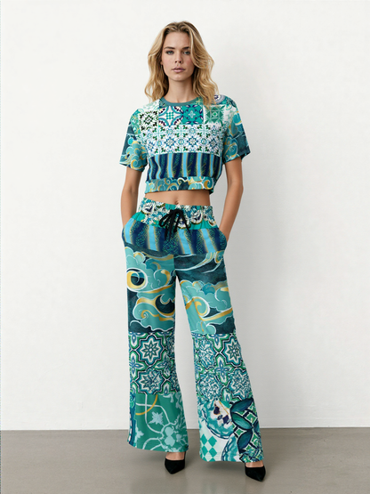 Green Meknes Mosaic Tile Eco-Poly Short Sleeve Cropped Pullover