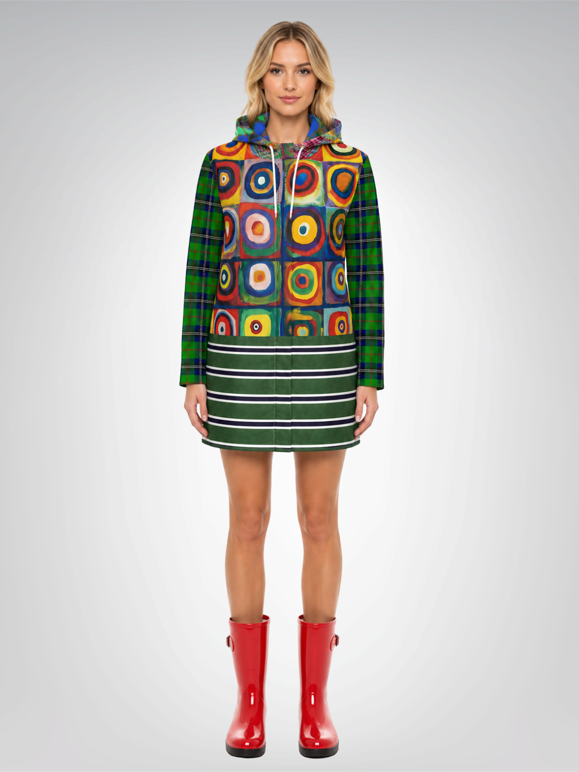 Green Retro Orbit Plaid Stripe Womens Hooded Rain Jacket