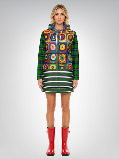 Green Retro Orbit Plaid Stripe Womens Hooded Rain Jacket