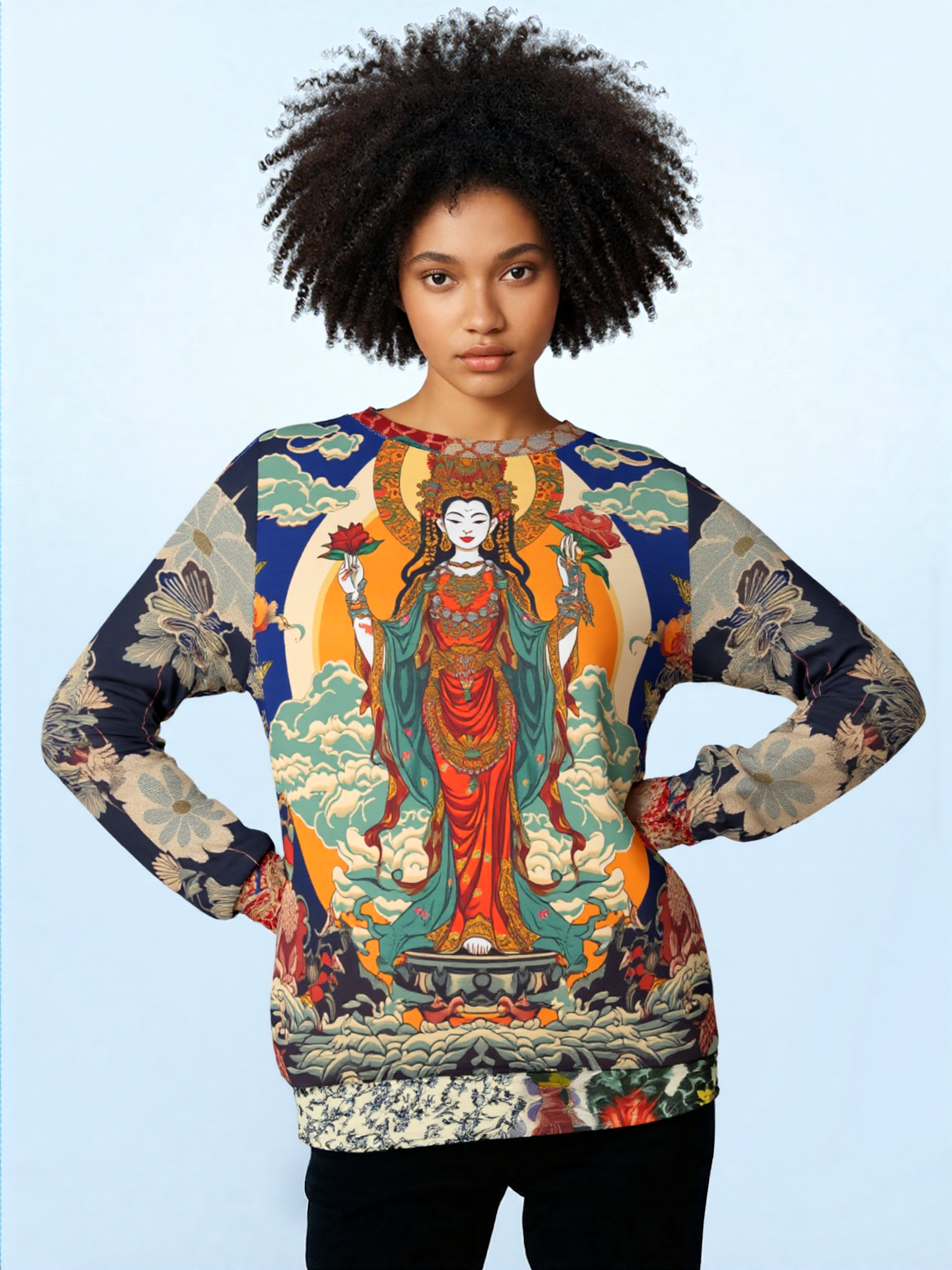Guan Yin Compassion Goddess in Blue Unisex Sweatshirt (Gold Label)