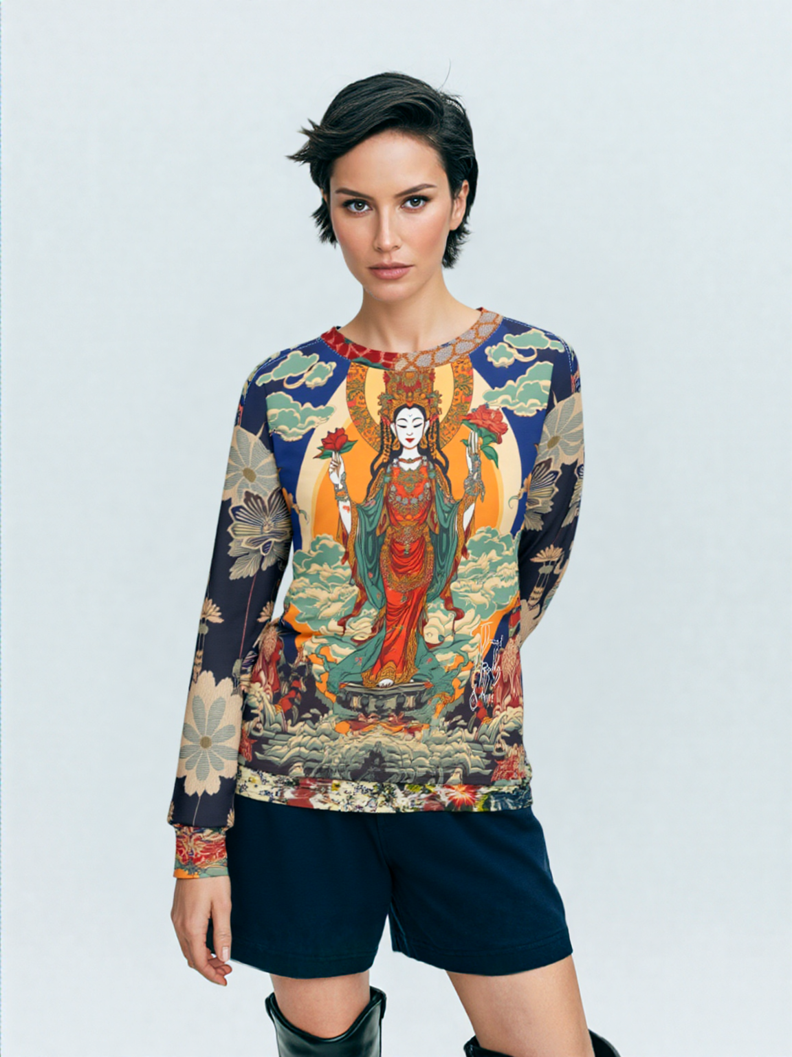 Guan Yin Compassion Goddess in Blue Unisex Sweatshirt (Gold Label)