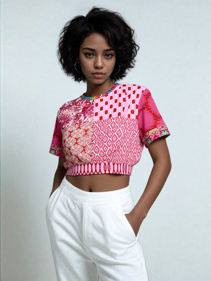 Gypsy Beat Pink Patchwork Eco-Poly Short Sleeve Cropped Pullover
