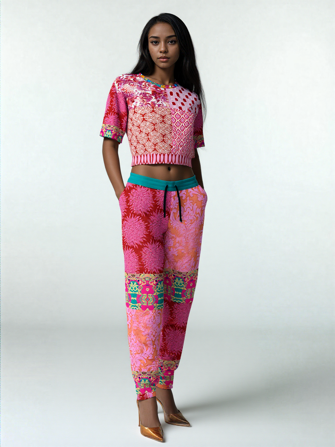 Gypsy Beat Pink Patchwork Eco-Poly Short Sleeve Cropped Pullover