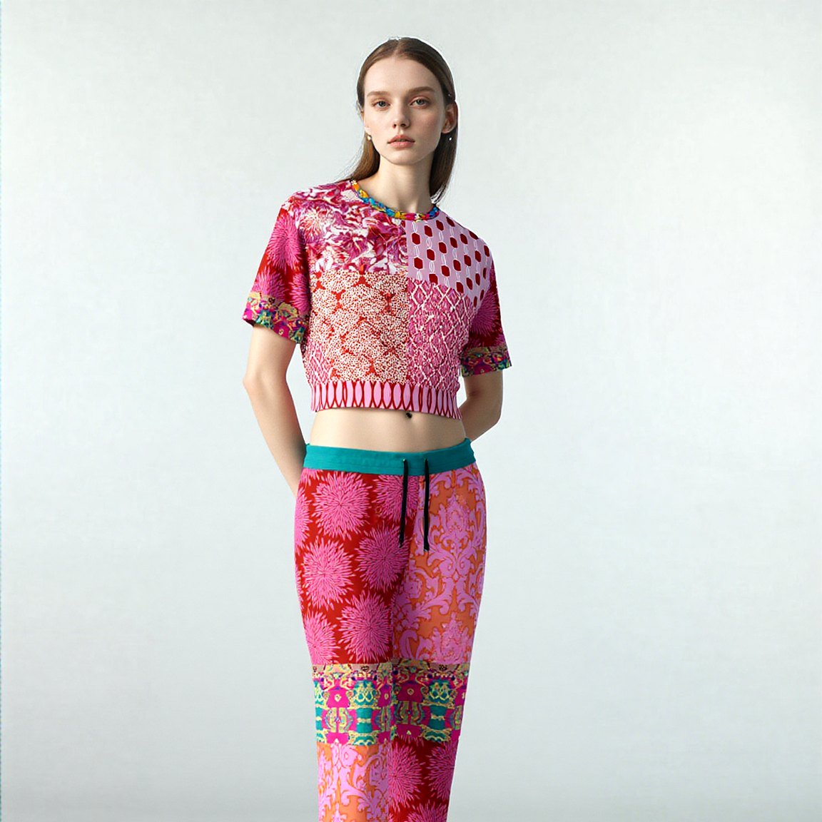 Gypsy Beat Pink Patchwork Eco-Poly Short Sleeve Cropped Pullover