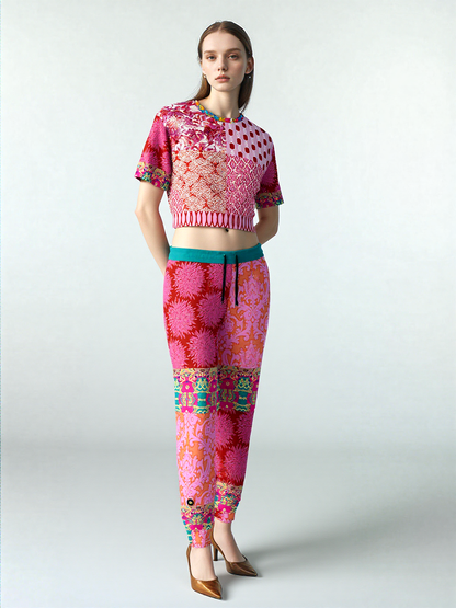 Gypsy Beat Pink Patchwork Eco-Poly Short Sleeve Cropped Pullover