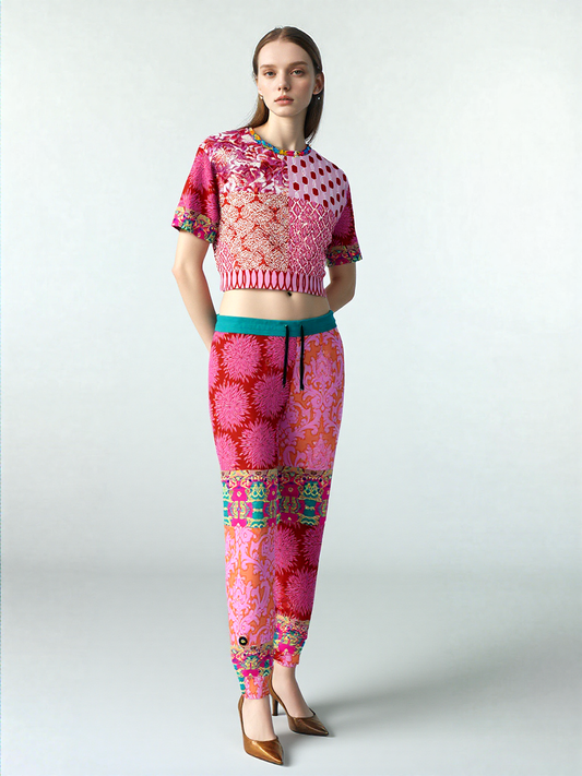 Gypsy Beat Pink Patchwork Eco-Poly Short Sleeve Cropped Pullover