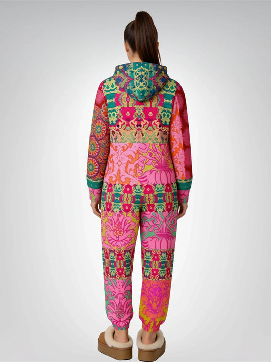 Gypsy Beat Pink Floral Patchwork Unisex Fleece Romper