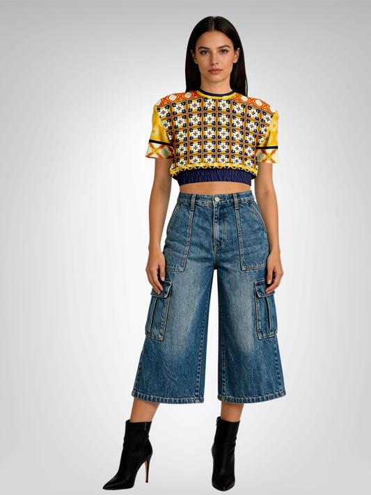 Gypsy Harvest Patchwork Eco-Poly Short Sleeve Cropped Pullover