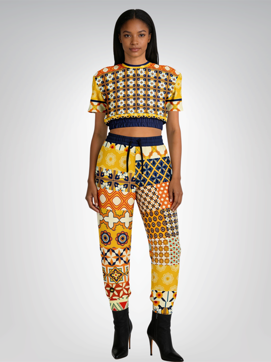 Gypsy Harvest Patchwork Eco-Poly Short Sleeve Cropped Pullover