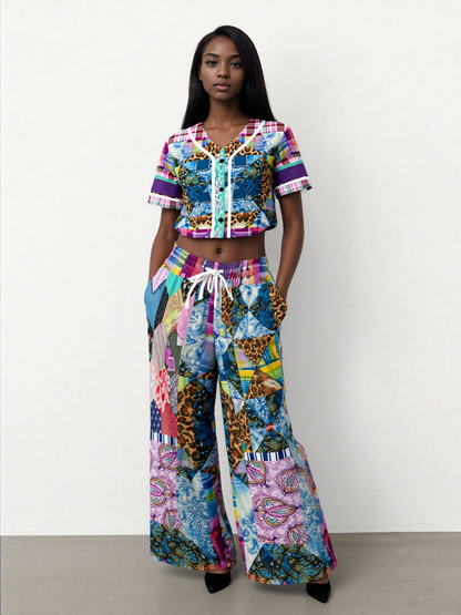 Gypsy Queen Juxtapose Purple Patchwork Quilt Eco-Poly Wide Leg Pants