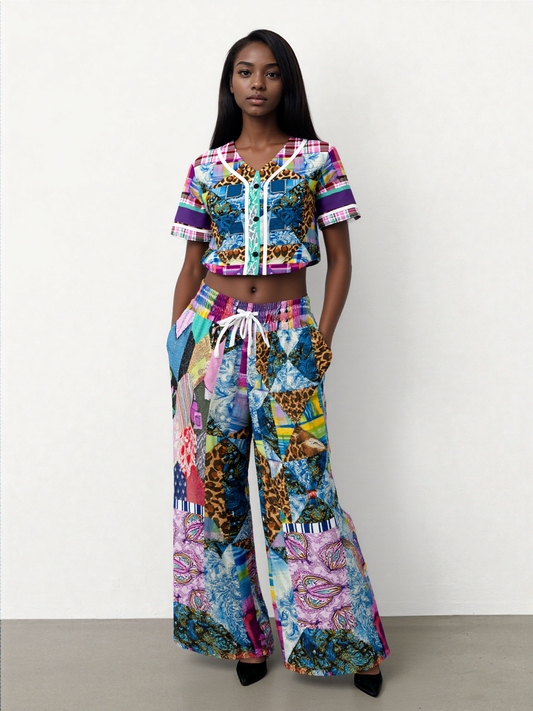 Gypsy Queen Juxtapose Purple Patchwork Quilt Eco-Poly Wide Leg Pants