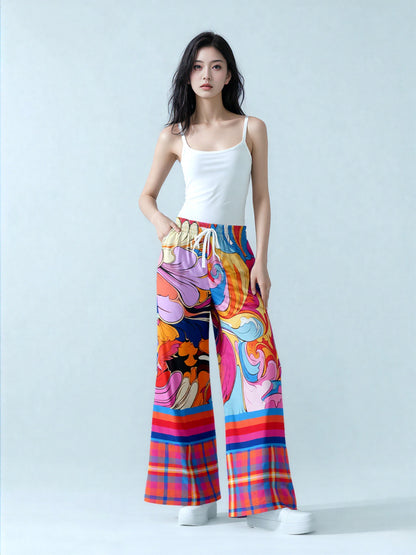 Haight Ashbury Wacky Floral Plaid Paisley Eco-Poly Wide Leg Pants