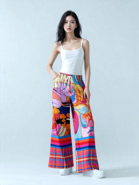 Haight Ashbury Wacky Floral Plaid Paisley Eco-Poly Wide Leg Pants