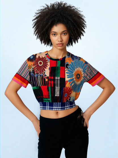 Haphazard Blue Floral Stripe Eco-Poly Short Sleeve Cropped Pullover