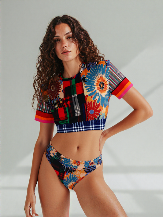 Haphazard Blue Floral Stripe Eco-Poly Short Sleeve Cropped Pullover