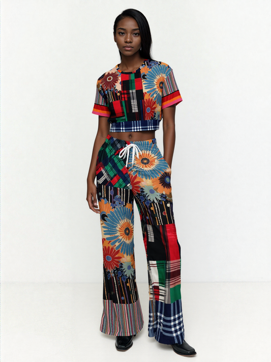 Haphazard Blue Floral Stripe Eco-Poly Wide Leg Pants