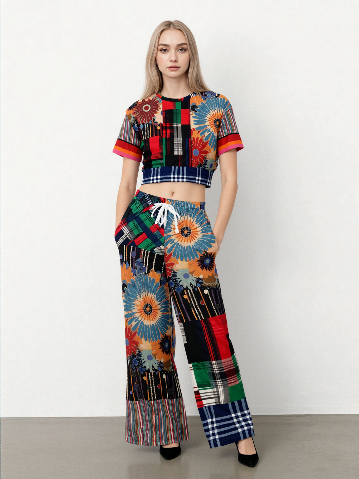 Haphazard Blue Floral Stripe Eco-Poly Wide Leg Pants